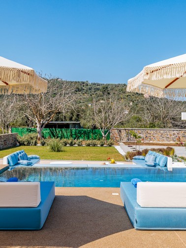 Garden, sunbeds, and pool