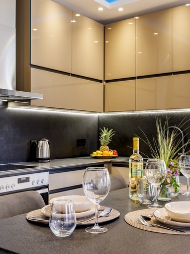 Dining table and kitchen